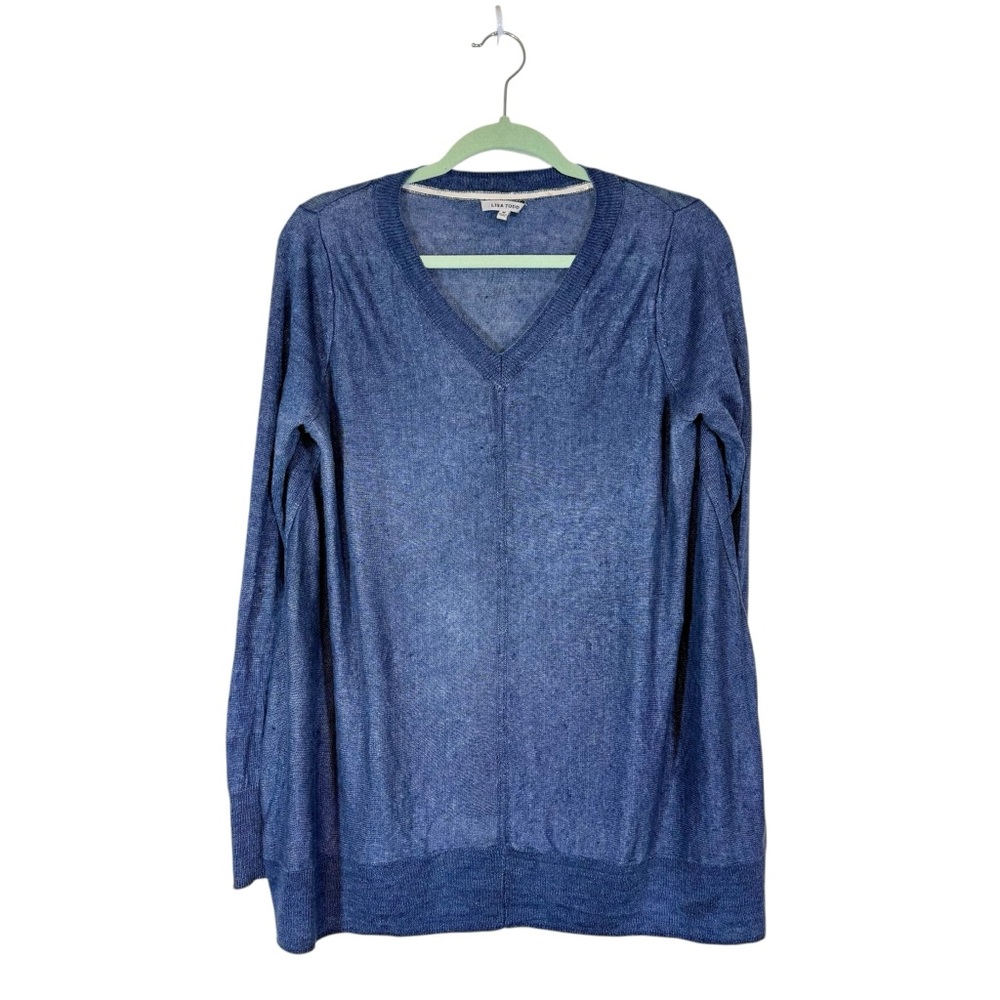 Lisa‎ Todd 100% Linen Sweater Lightweight Coastal Lagenlook Blue Sz Med V Neck